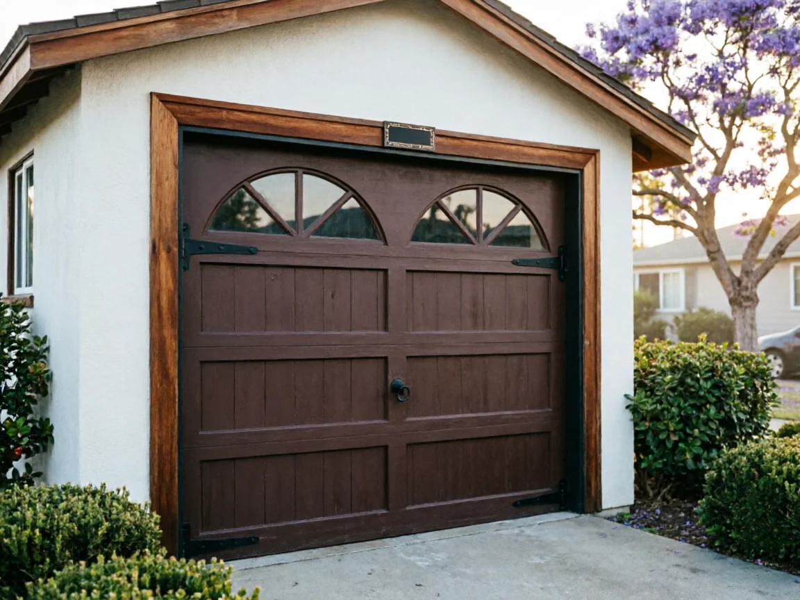 A brown garage door with arched windows is set in a white stucco house.