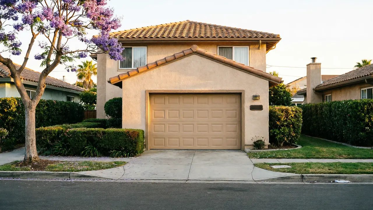 A beige house with a brown garage door and a purple flowering tree.