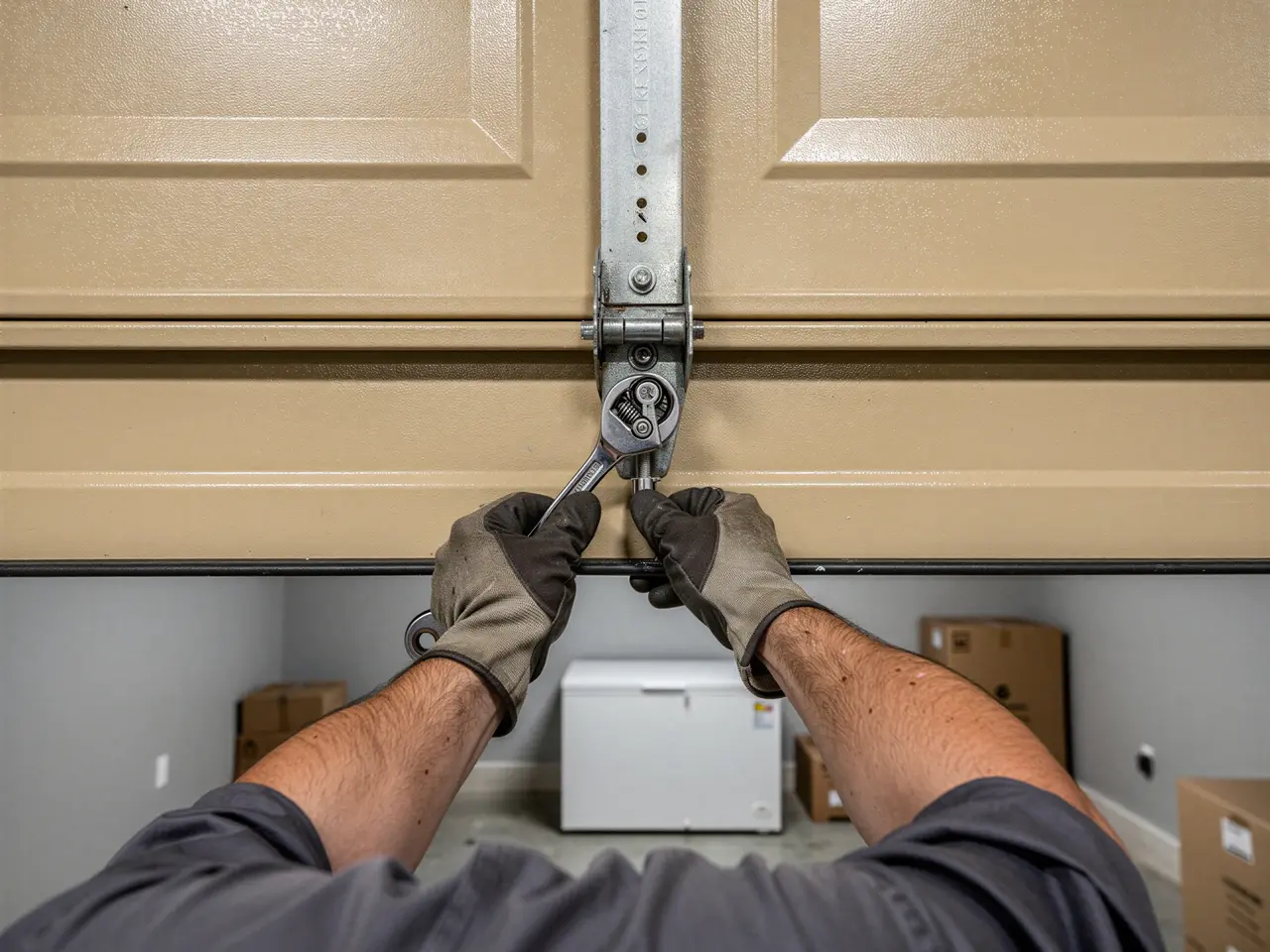 A technician in gloves uses a wrench to adjust a tan garage door.