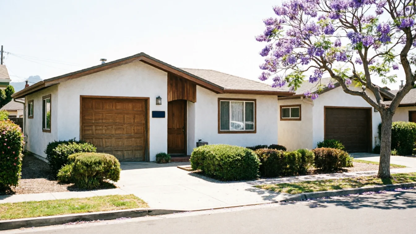 A white house with two brown garage doors and a purple flowering tree.