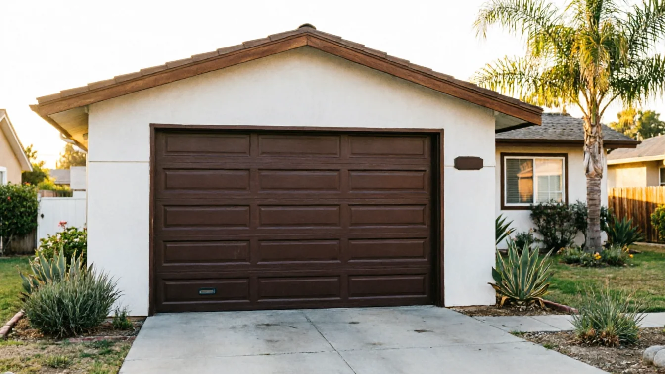 The house has a brown garage door, white walls, and a brown roof.