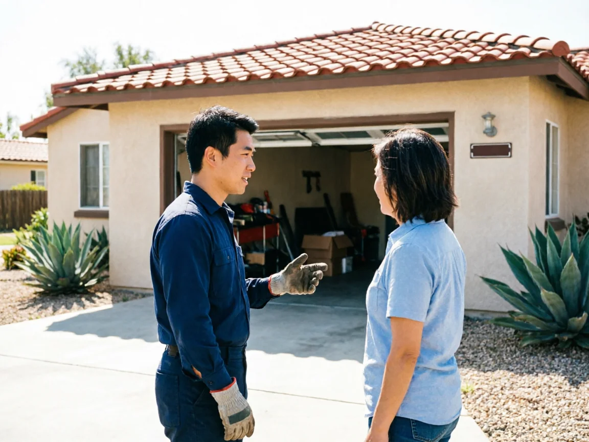 A technician talks to a woman in front of a house with an open garage.