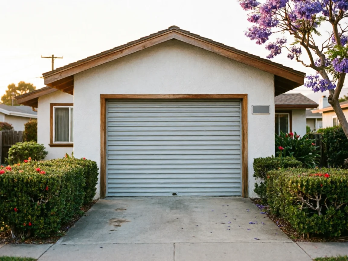 A white house has a gray rolling garage door with a wooden frame.