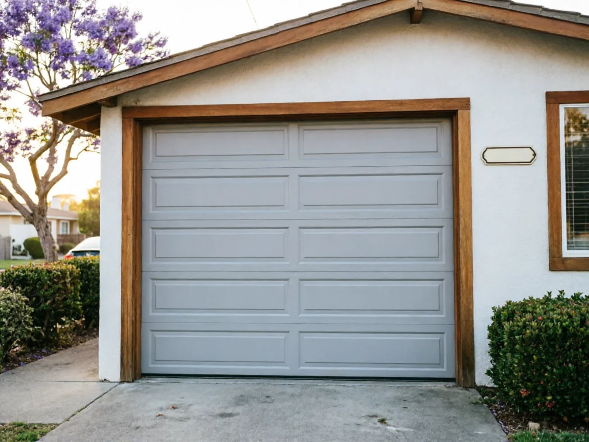A gray garage door with wooden trim is on a white house.