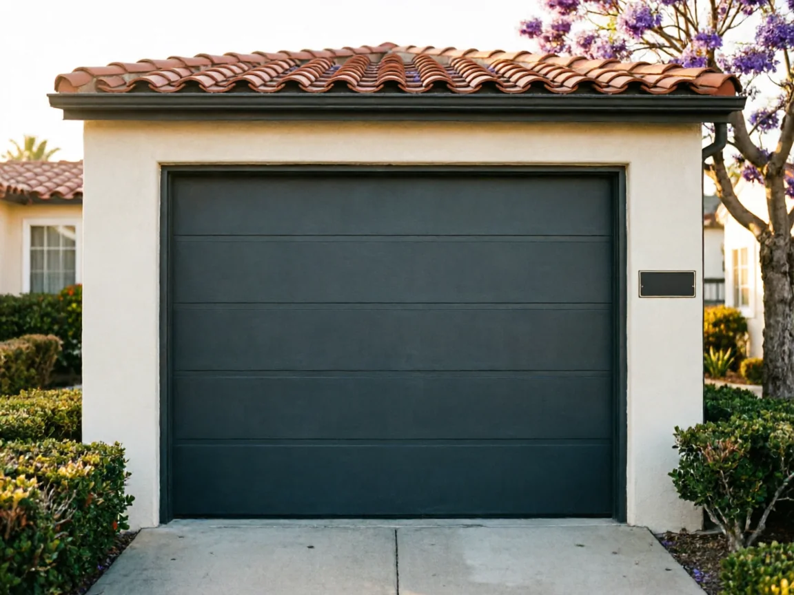 A dark gray garage door is set into a white stucco wall with a red tile roof.