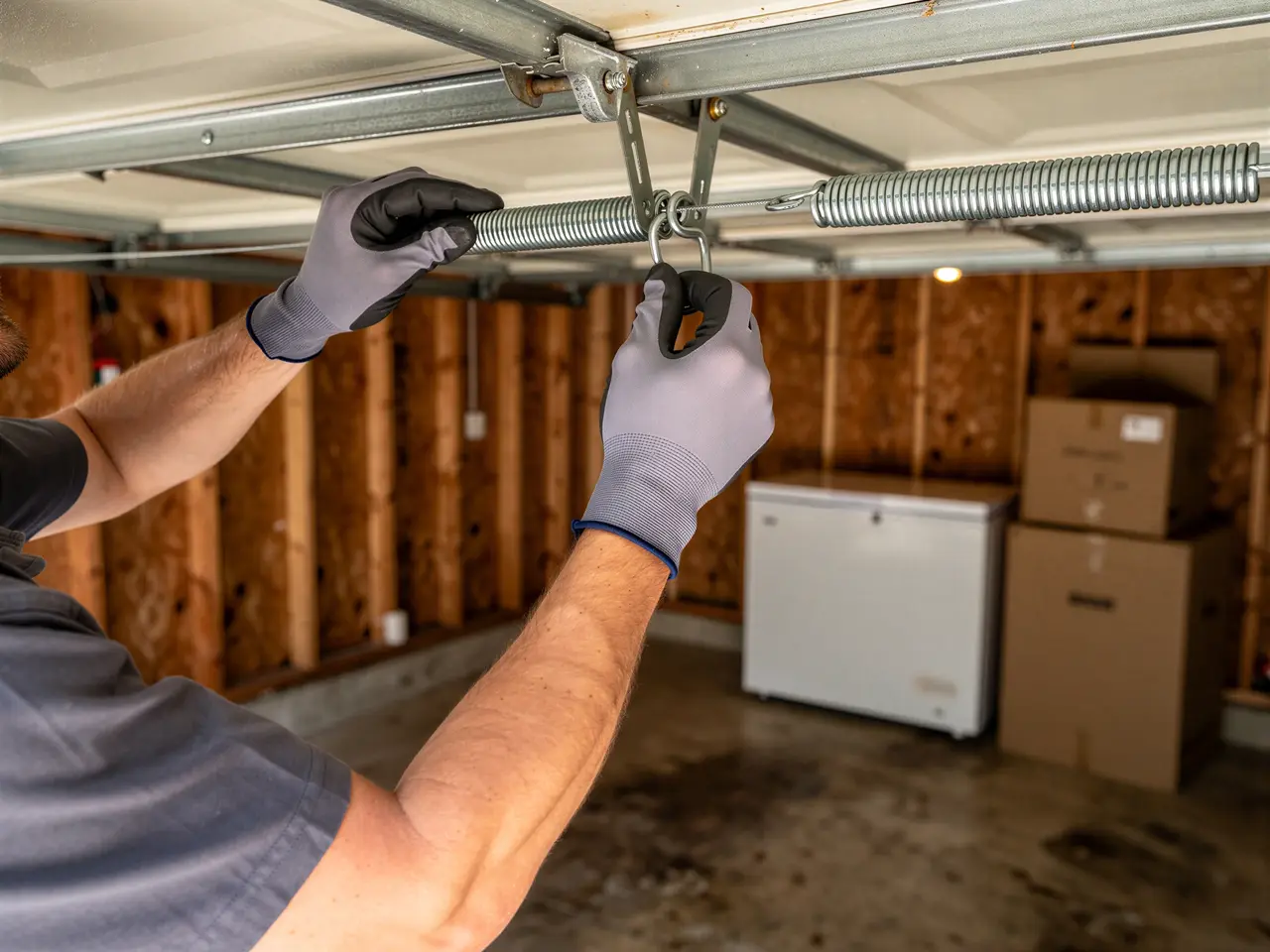 A technician wearing gloves installs a garage door extension spring.