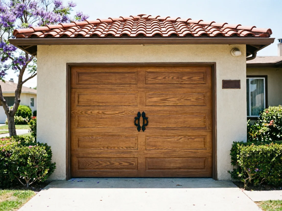 The house has a brown wooden garage door with black decorative handles.
